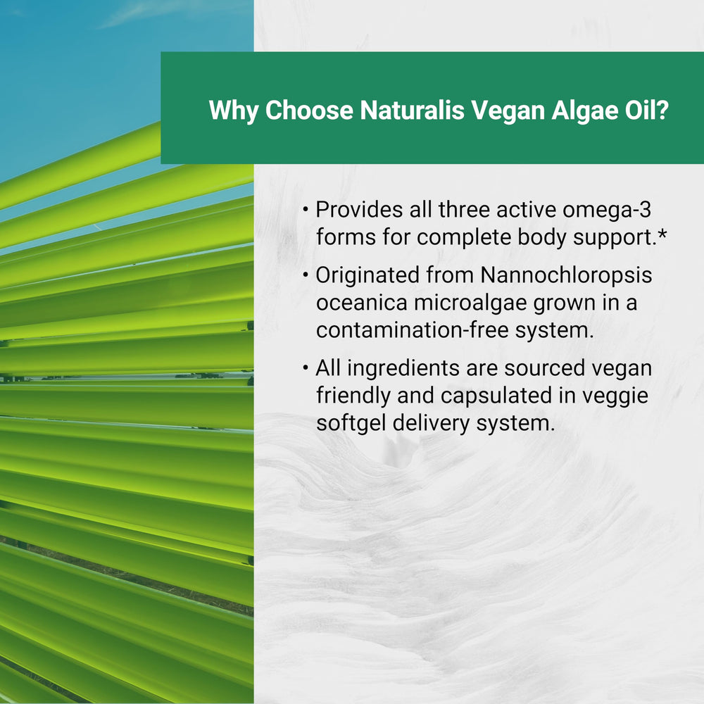 Graphic illustrating heart-health benefits of algae-based omega-3 from Naturalis