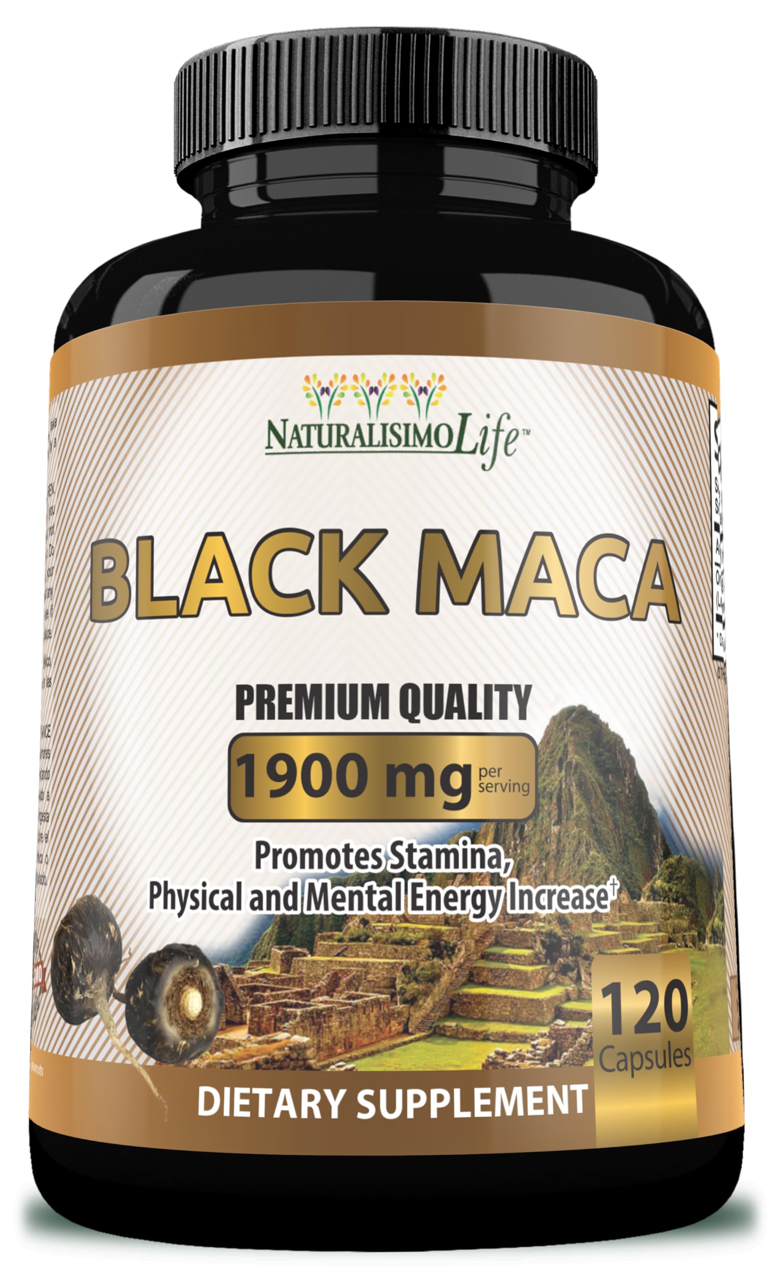 NaturalisimoLife Organic Black Maca 1900mg bottle for daily energy support.