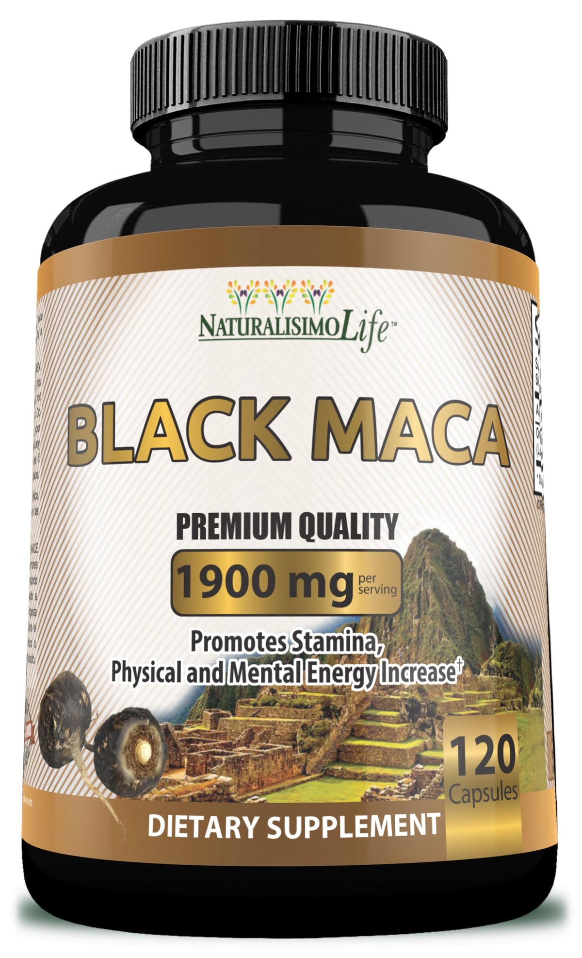 NaturalisimoLife Organic Black Maca 1900mg bottle for daily energy support.