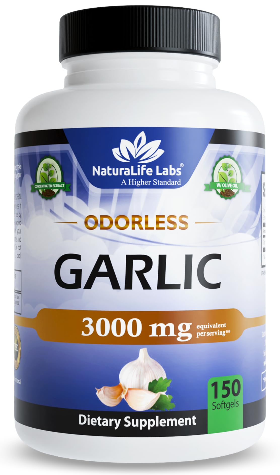 NaturaLife Labs odorless garlic softgels bottle for easy daily supplementation