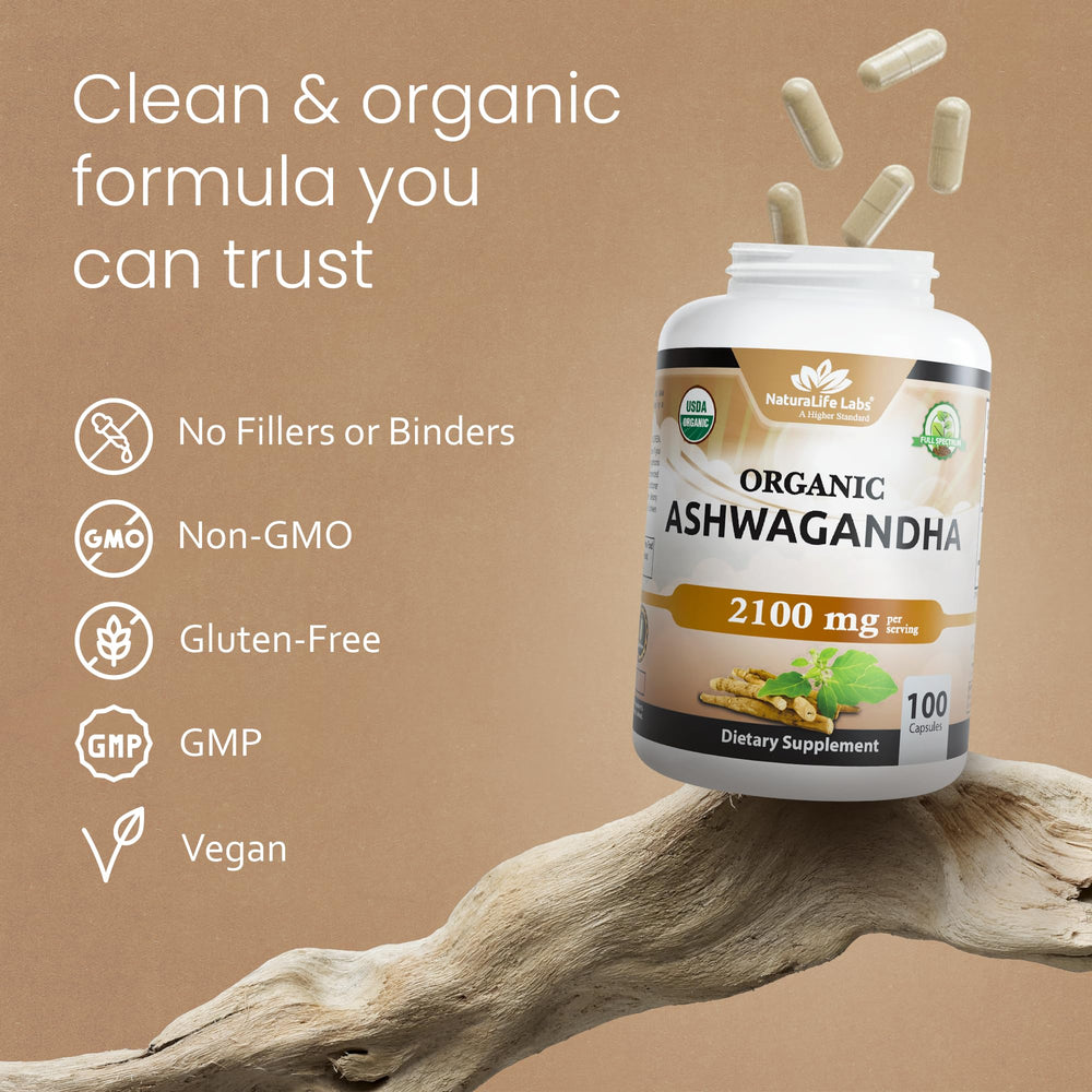 NaturaLife Labs organic certifications badge emphasizes non-GMO and vegan status.