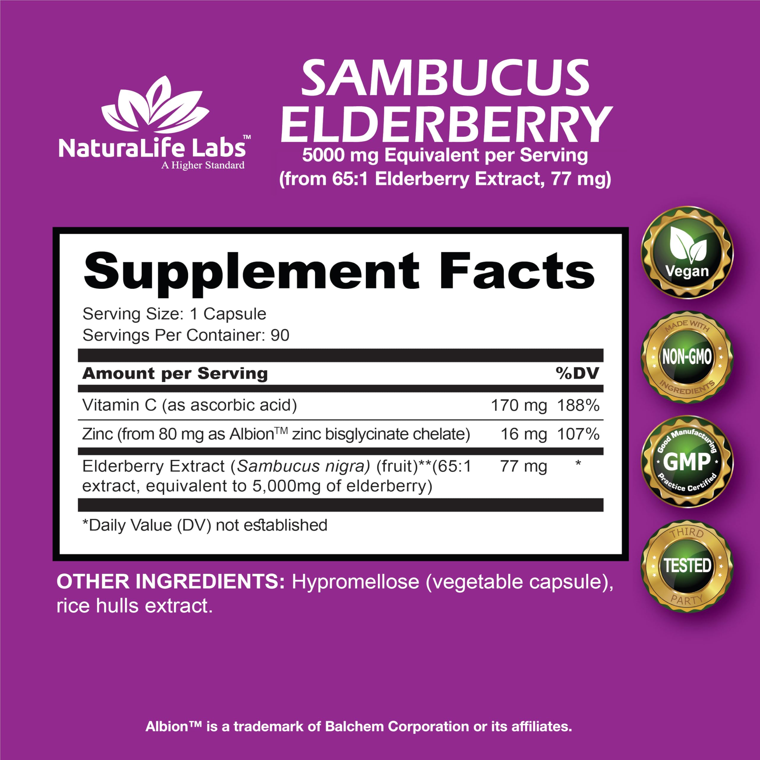 NaturaLife Labs Sambucus elderberry label close-up highlighting 65:1 extract for immune support