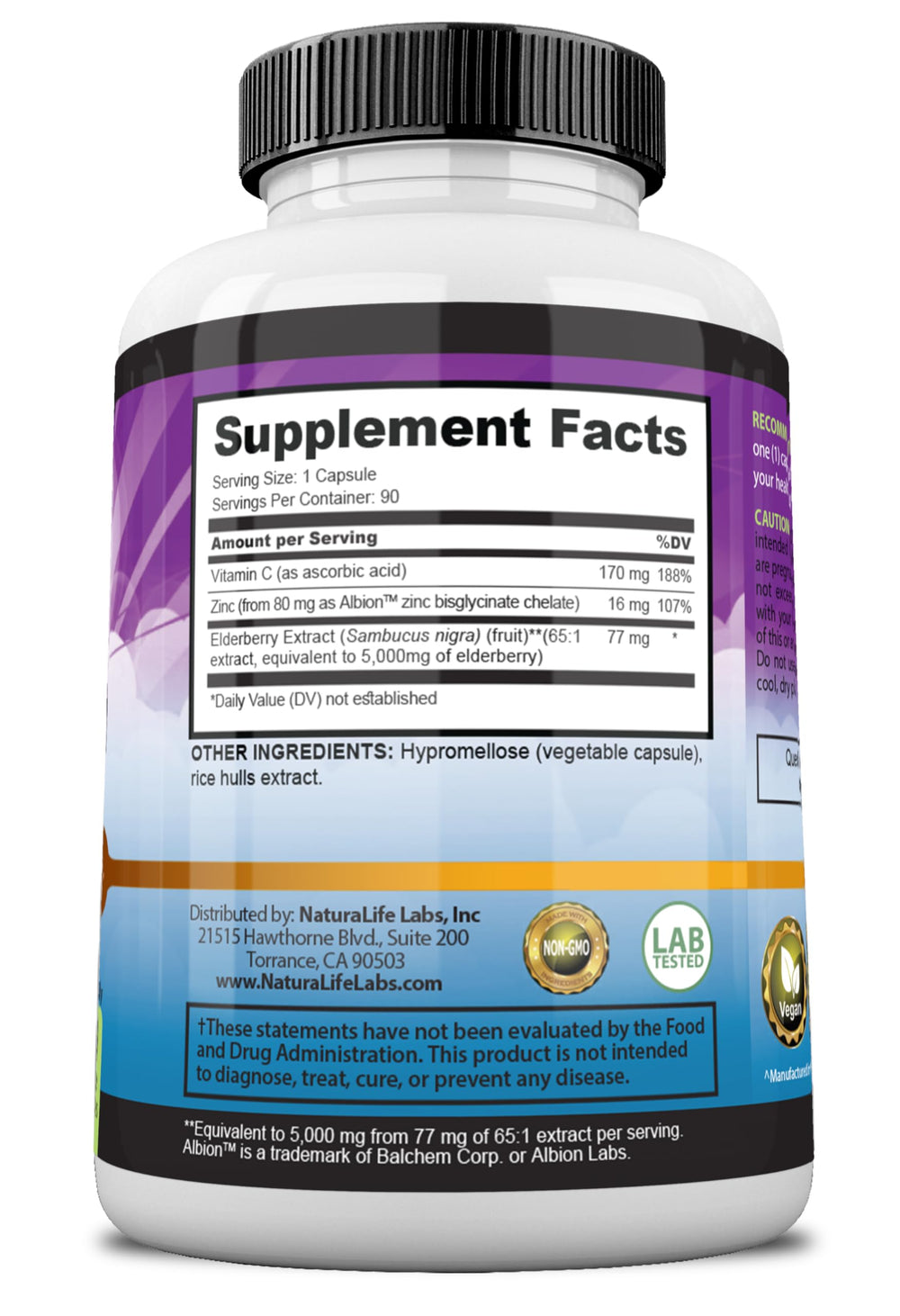 NaturaLife Labs Sambucus elderberry ingredients with vitamin C and zinc for synergy
