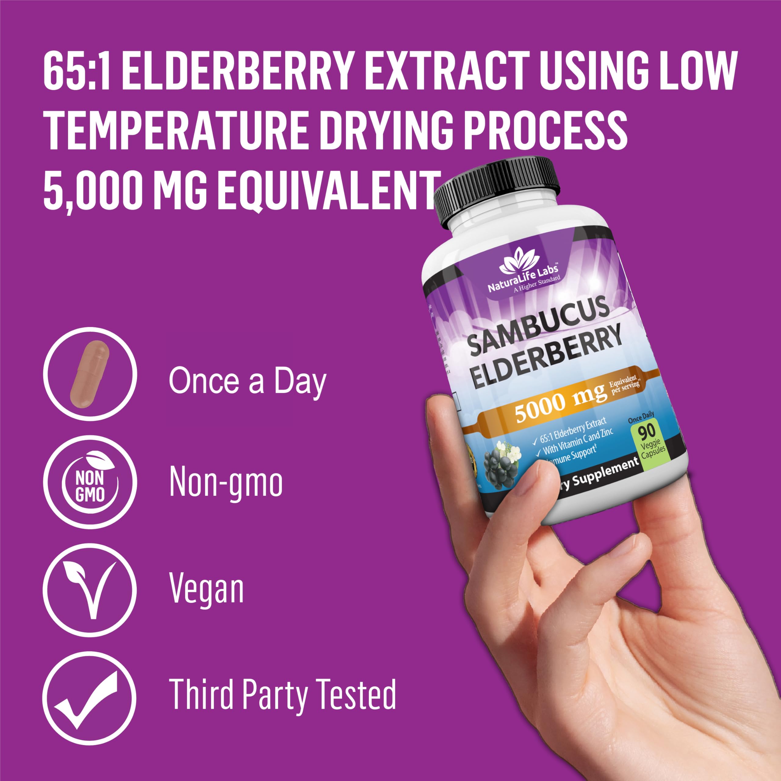 NaturaLife Labs Sambucus elderberry packaging emphasizes vegan, gluten-free, Non-GMO claims