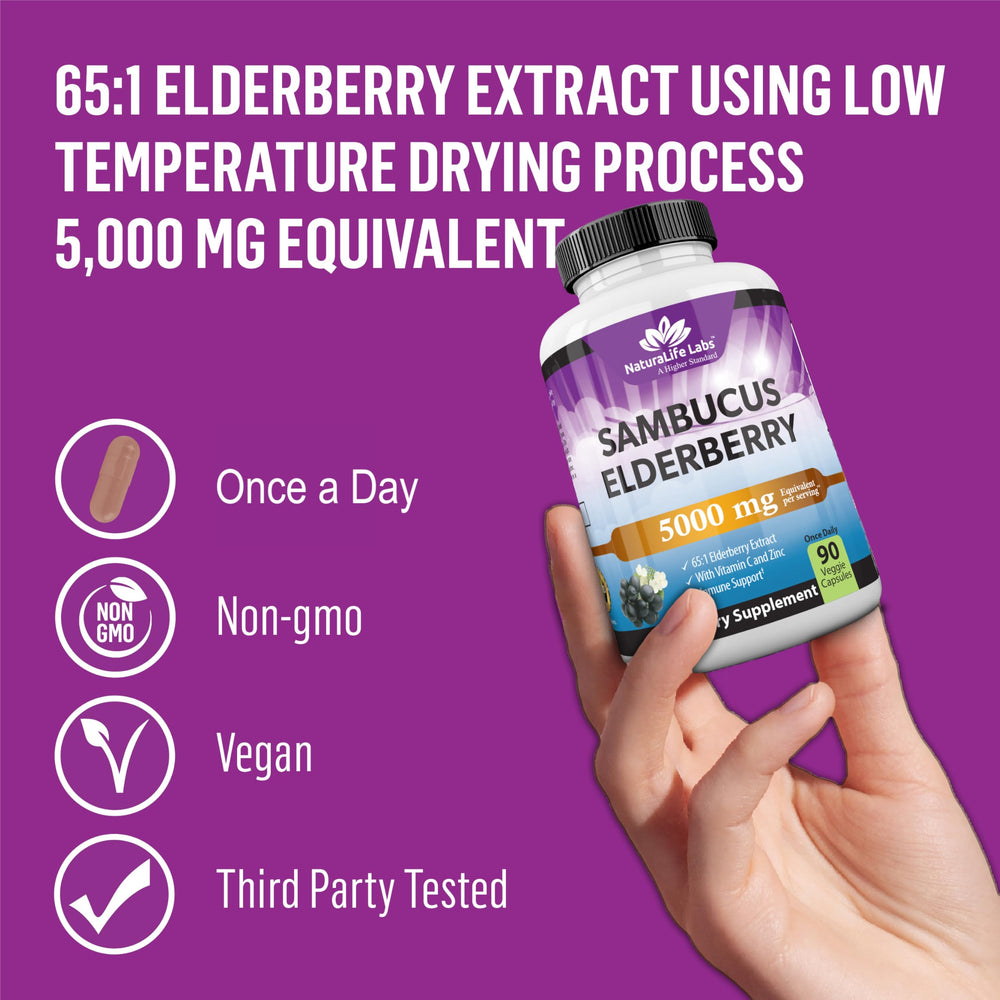 NaturaLife Labs Sambucus elderberry packaging emphasizes vegan, gluten-free, Non-GMO claims