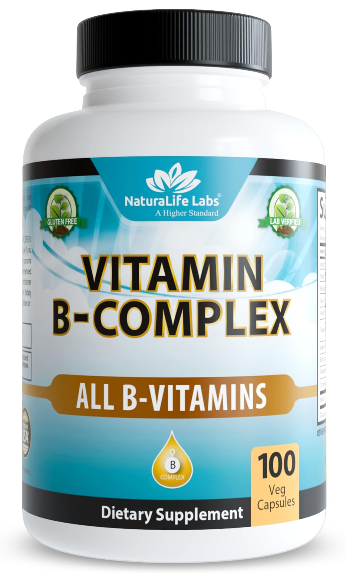 NaturaLife Labs Vitamin B-Complex bottle front — supports everyday energy metabolism and mood balance.