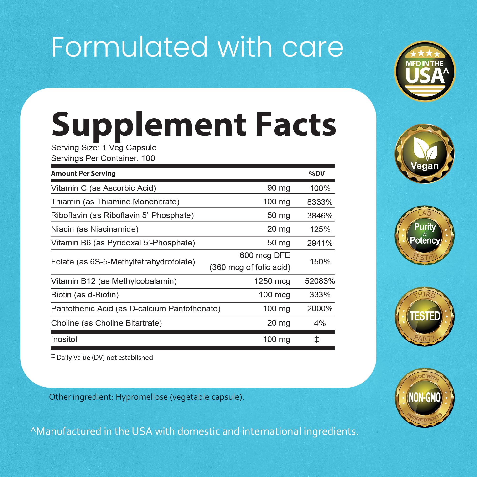 NaturaLife Labs Vitamin B-Complex bottle label — highlights active B2, B6, B9, B12 forms.