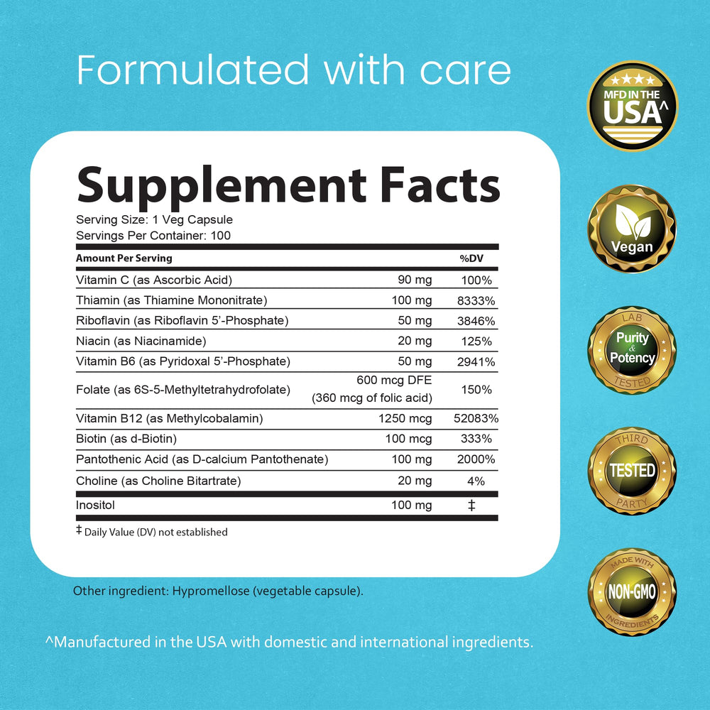 NaturaLife Labs Vitamin B-Complex bottle label — highlights active B2, B6, B9, B12 forms.