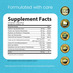 NaturaLife Labs Vitamin B-Complex bottle label — highlights active B2, B6, B9, B12 forms.