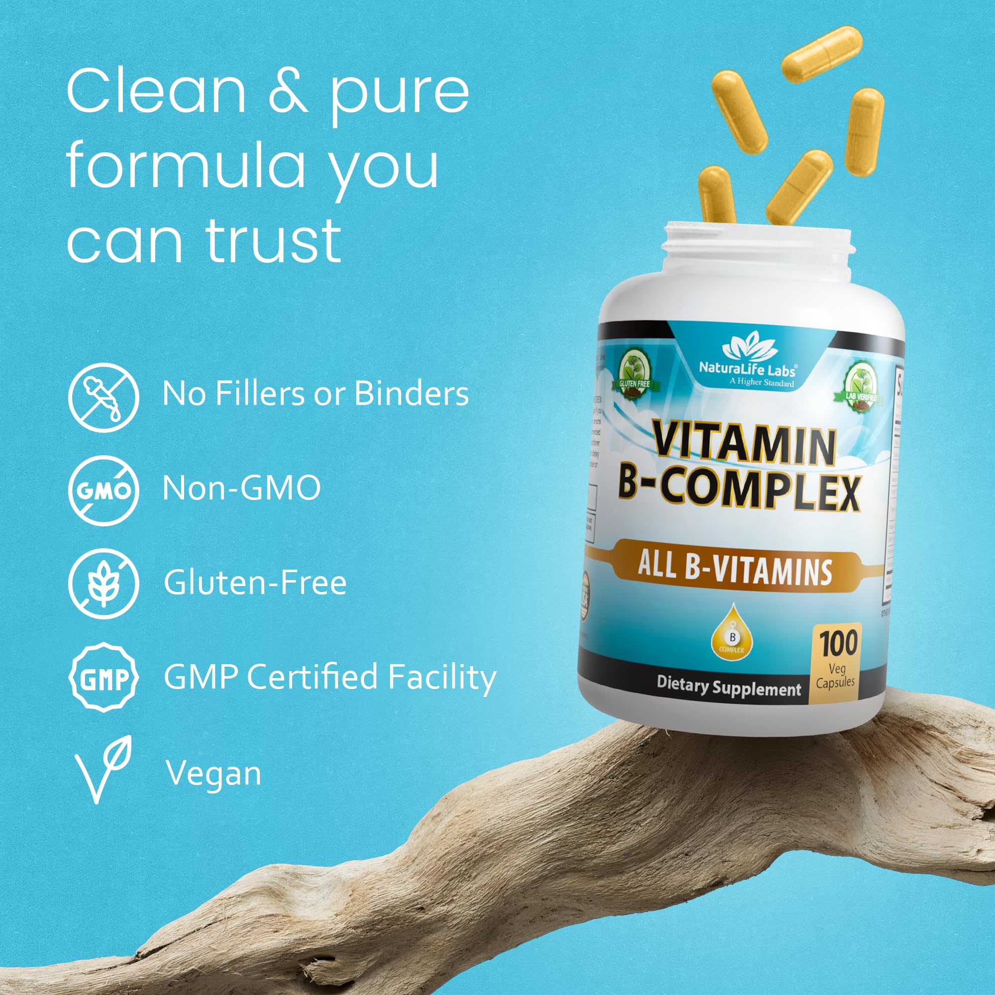 NaturaLife Labs Vitamin B-Complex vegan label — vegan, non-GMO, gluten-free formulation.