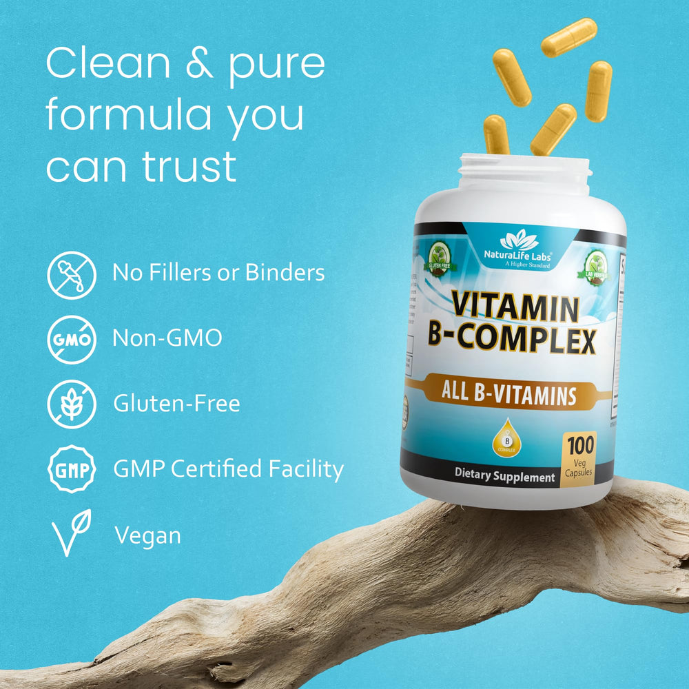 NaturaLife Labs Vitamin B-Complex vegan label — vegan, non-GMO, gluten-free formulation.