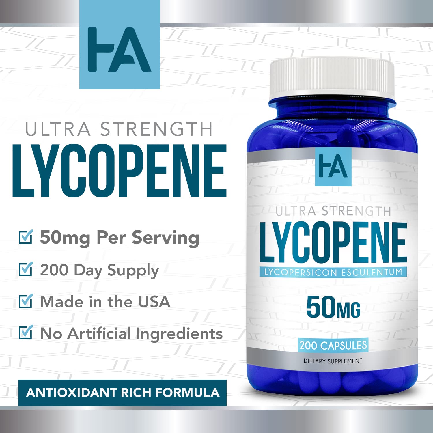 Naturally Derived Lycopene label showing USA-made, cGMP quality.