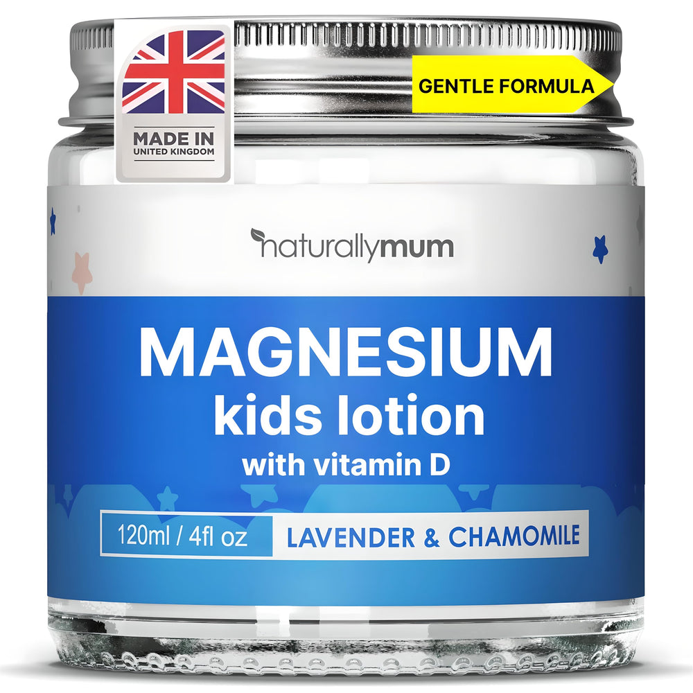 NaturallyMum Kids Magnesium Bedtime Lotion bottle front, lavender and chamomile for calm evenings.