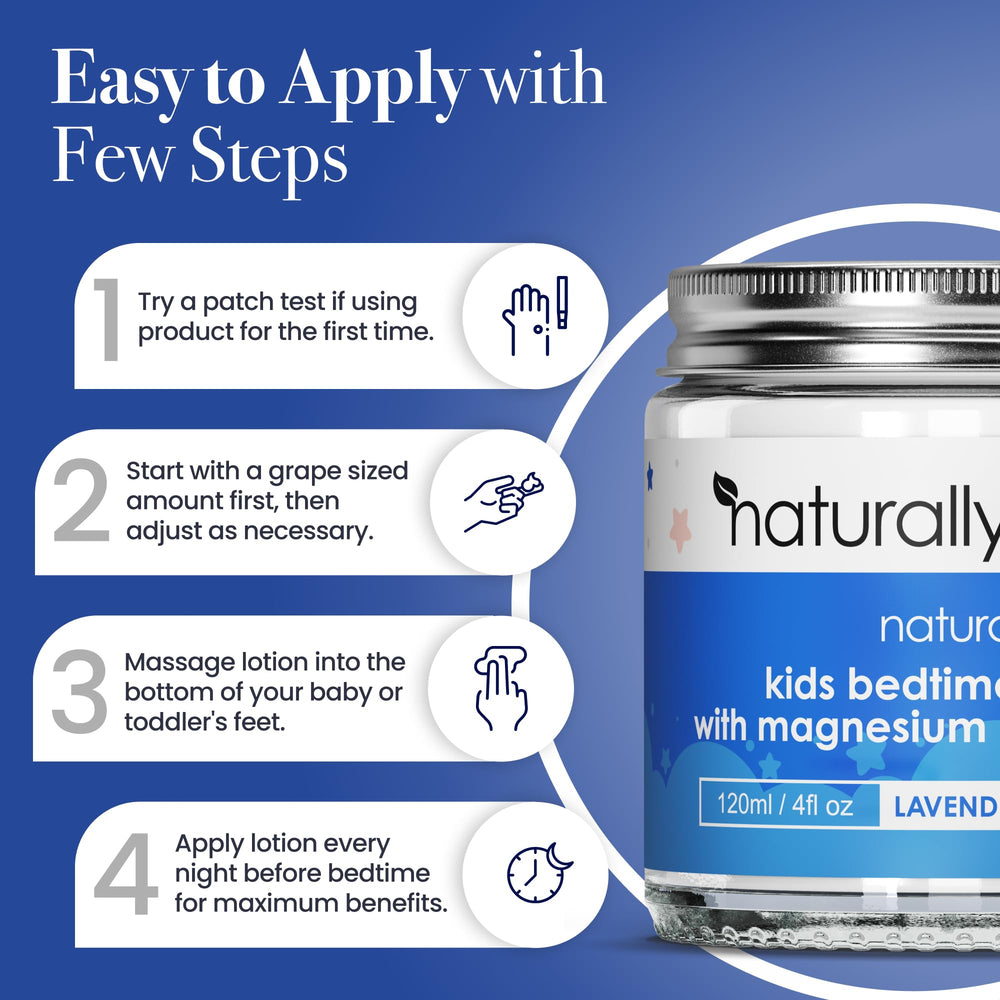 NaturallyMum Kids Bedtime Lotion being applied to a child's foot for bedtime routine.