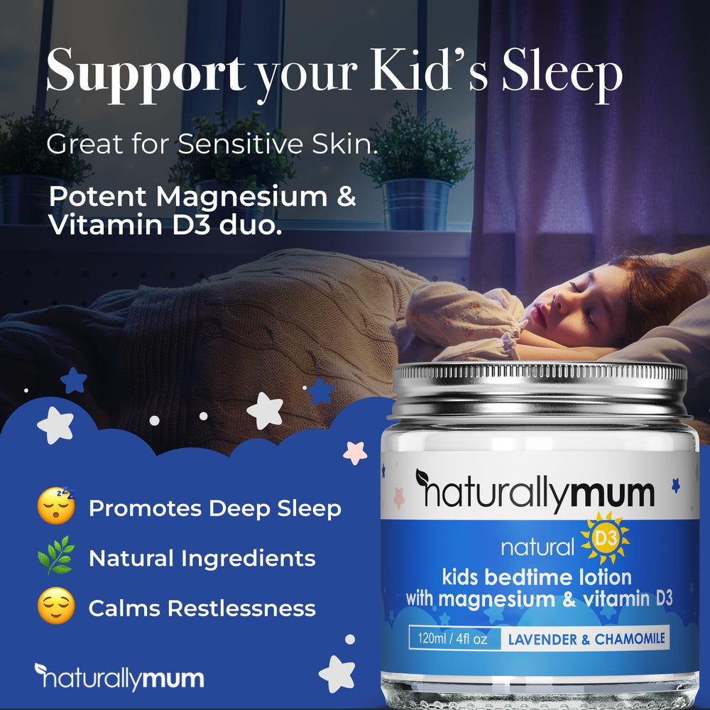 NaturallyMum Kids Magnesium Bedtime Lotion ingredients close-up with coconut oil and mango butter for hydration.