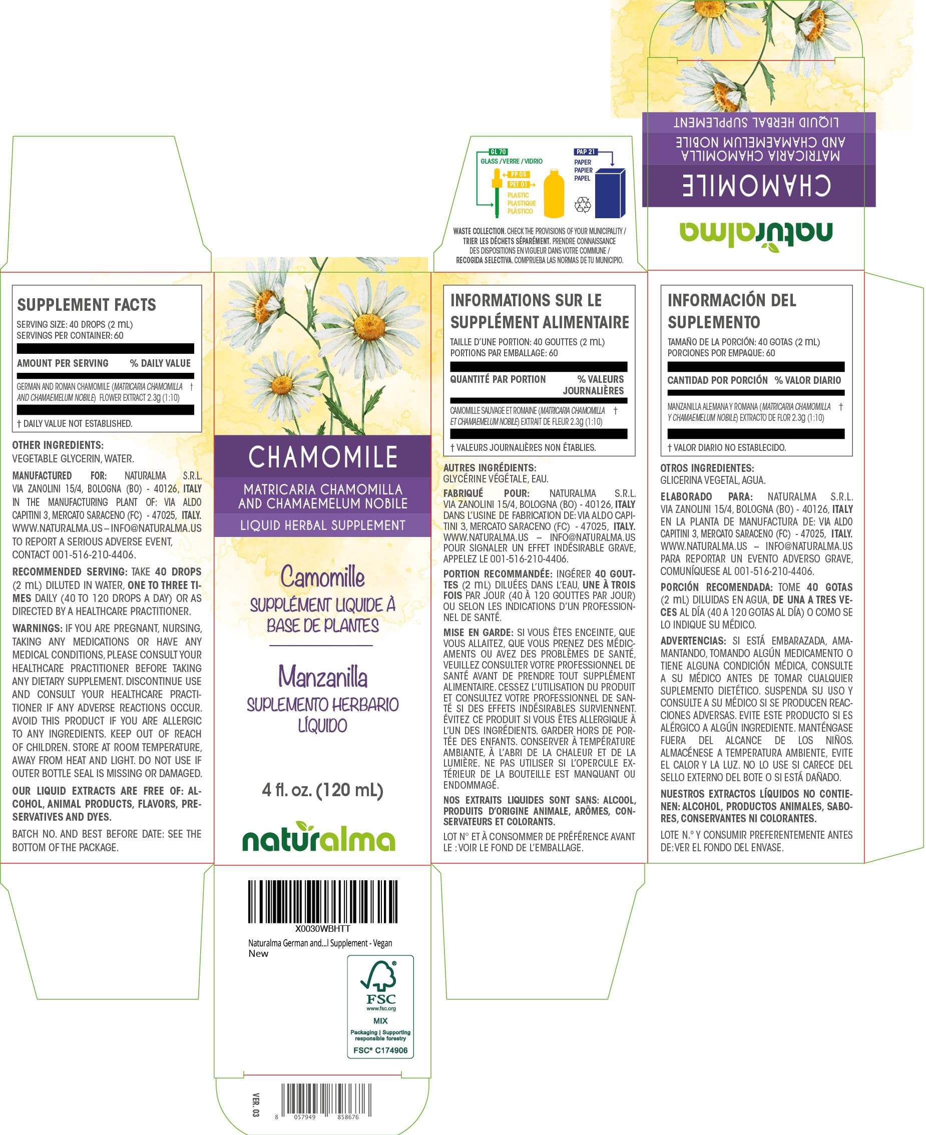 Naturalma chamomile drops with pipette for precise, flexible dosing.