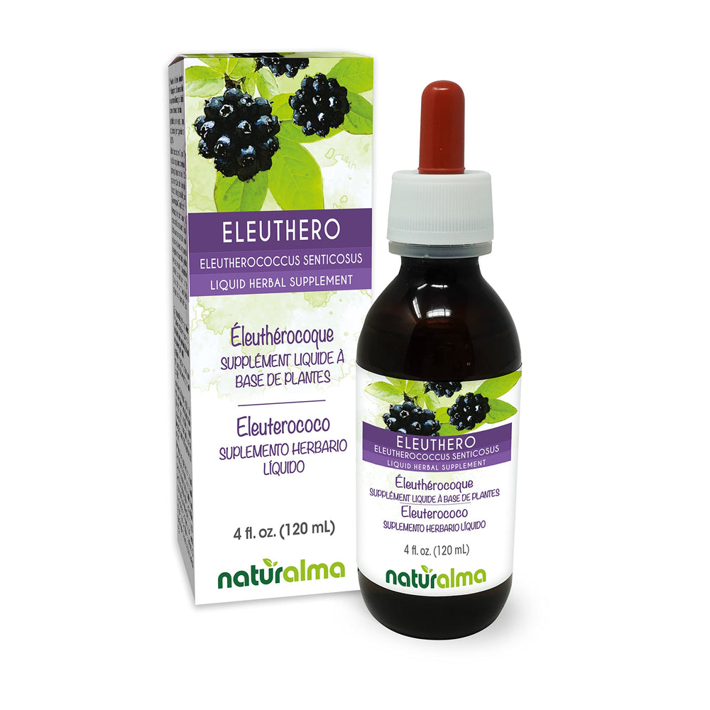 Naturalma Eleuthero root bottle with label, highlighting vegan, alcohol-free tincture