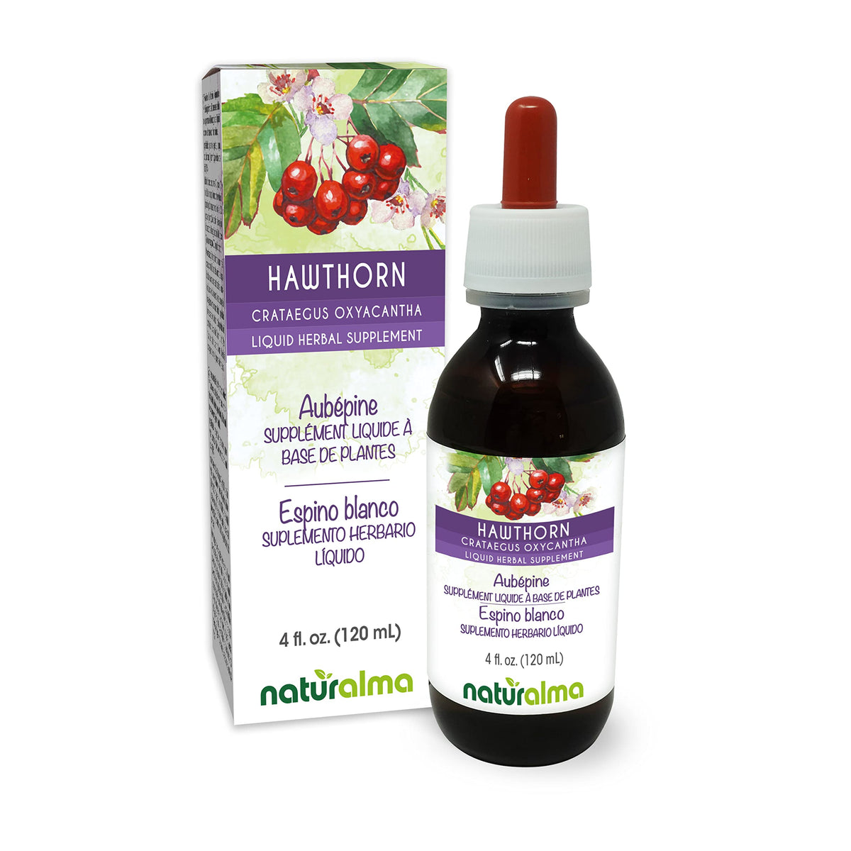 Naturalma Hawthorn tincture bottle with leaf and flower extract for convenient daily drops.