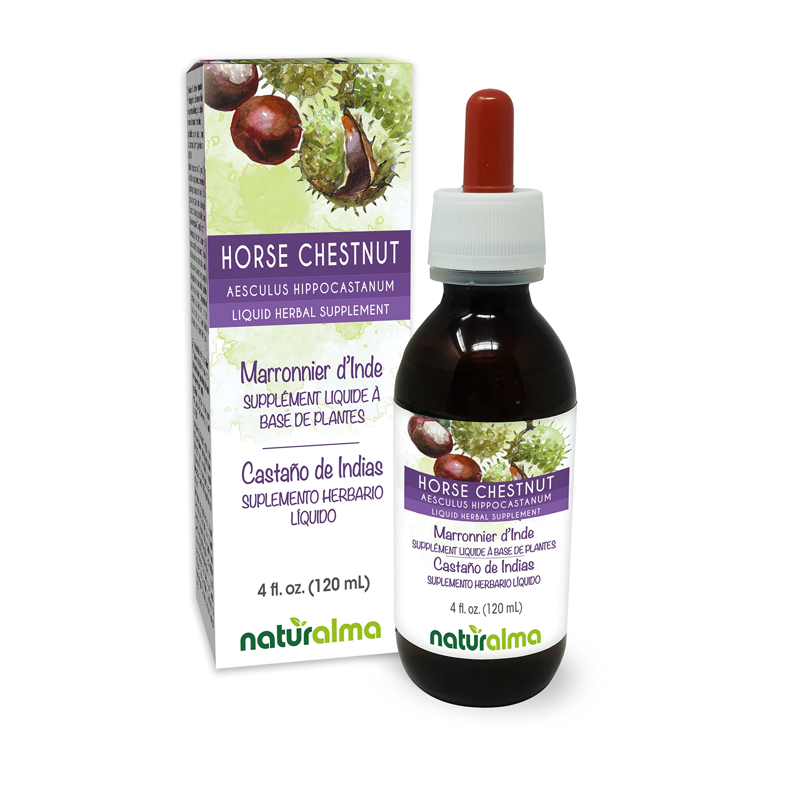 Naturalma horse chestnut tincture bottle close-up shows vegan, alcohol-free formula.