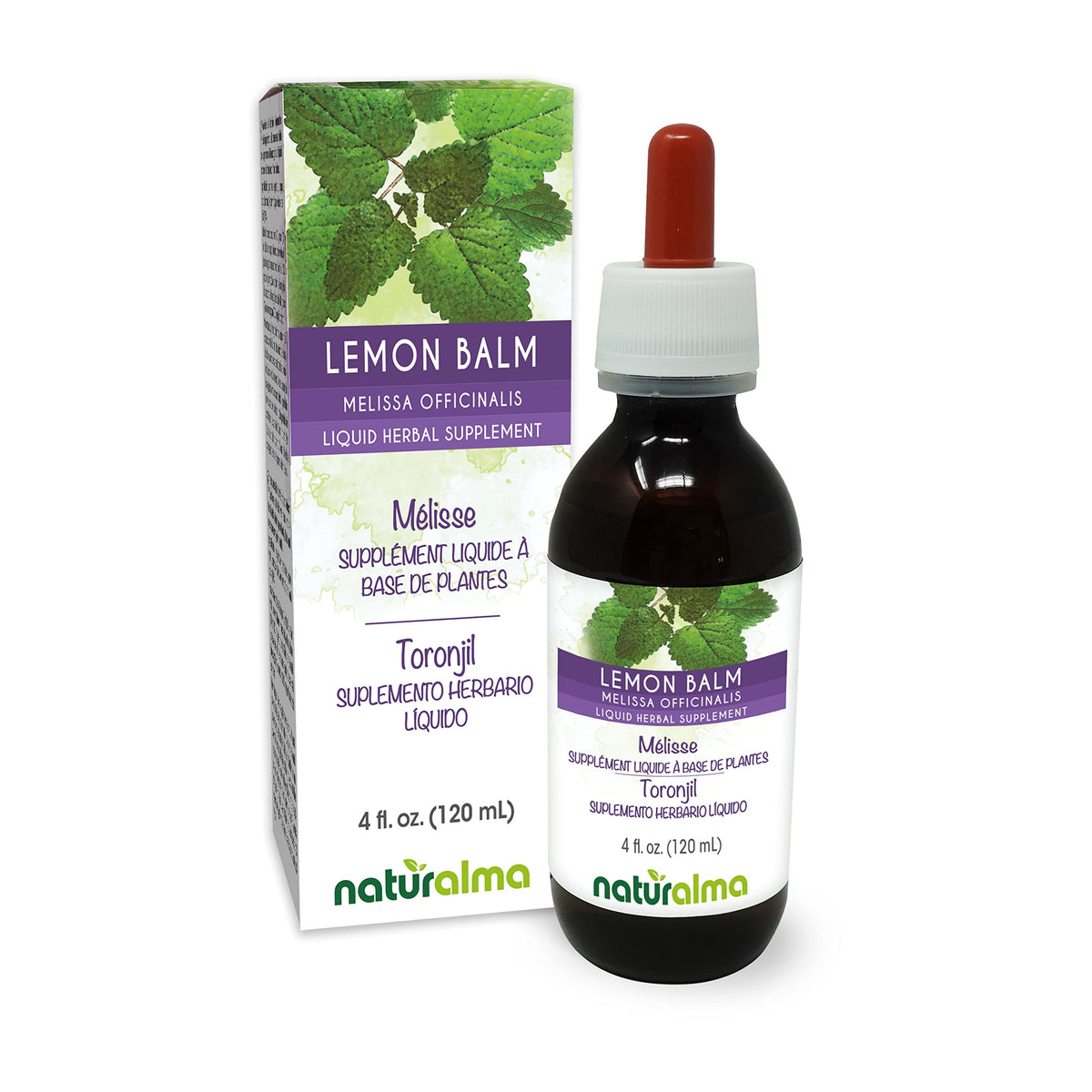 Naturalma Lemon Balm tincture bottle with herbal leaves for daily calm rituals.
