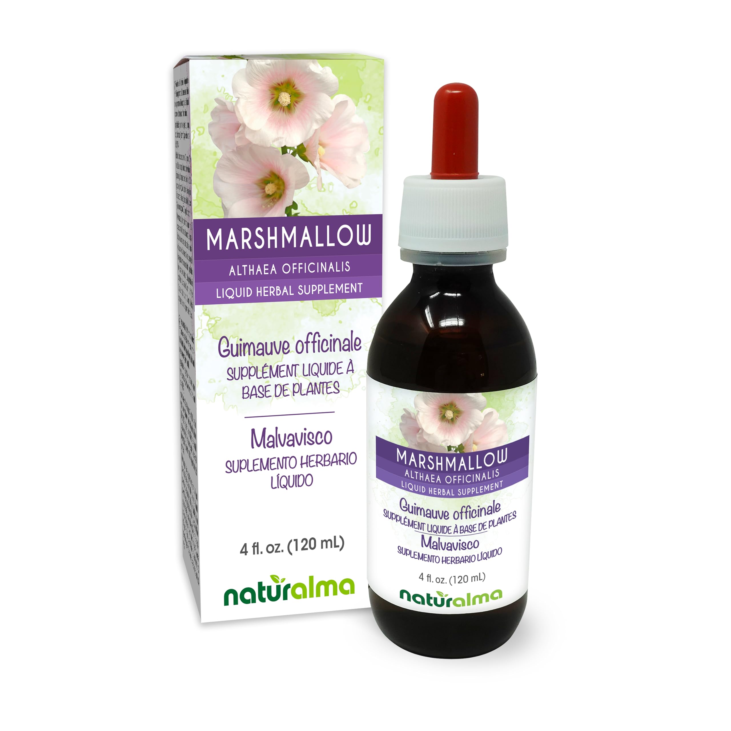 Naturalma marshmallow tincture bottle with dropper for alcohol-free daily dosing.
