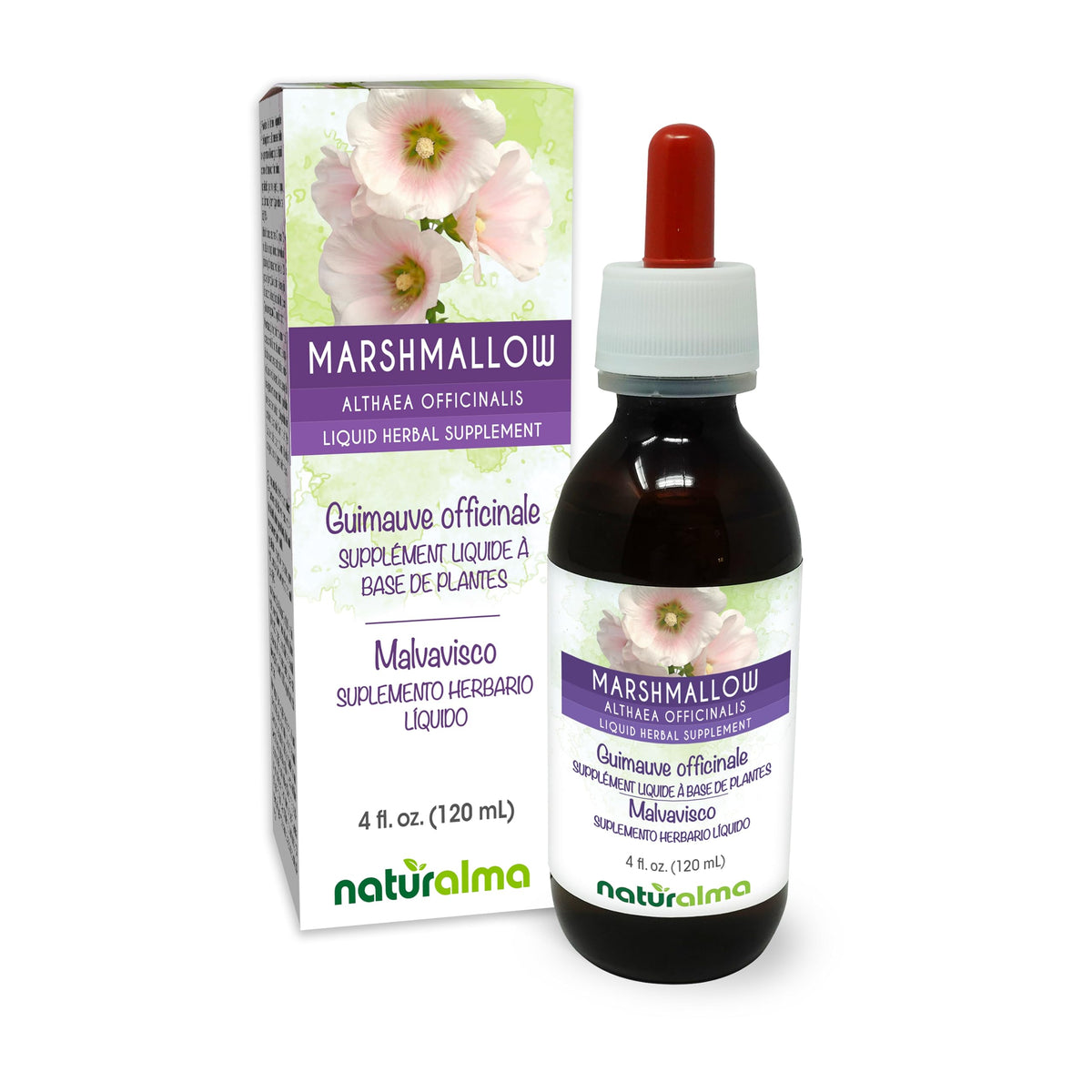 Naturalma marshmallow tincture bottle with dropper for alcohol-free daily dosing.