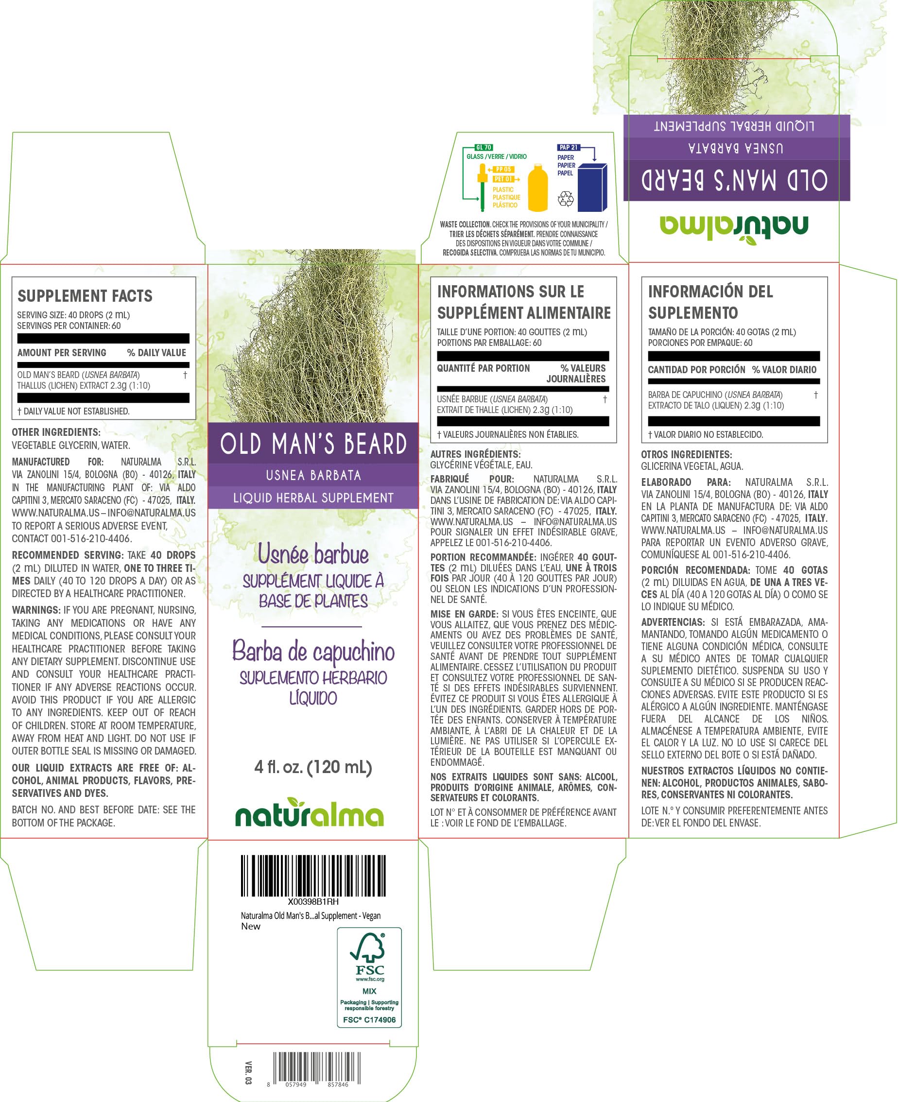 Close-up of Naturalma label showing Usnea extract 1:10 ratio.