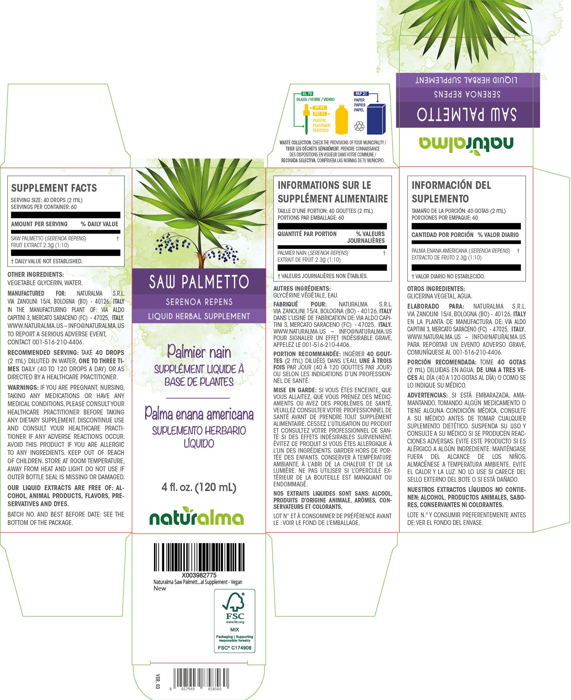 Naturalma Saw Palmetto drops with pipette for precise dosing