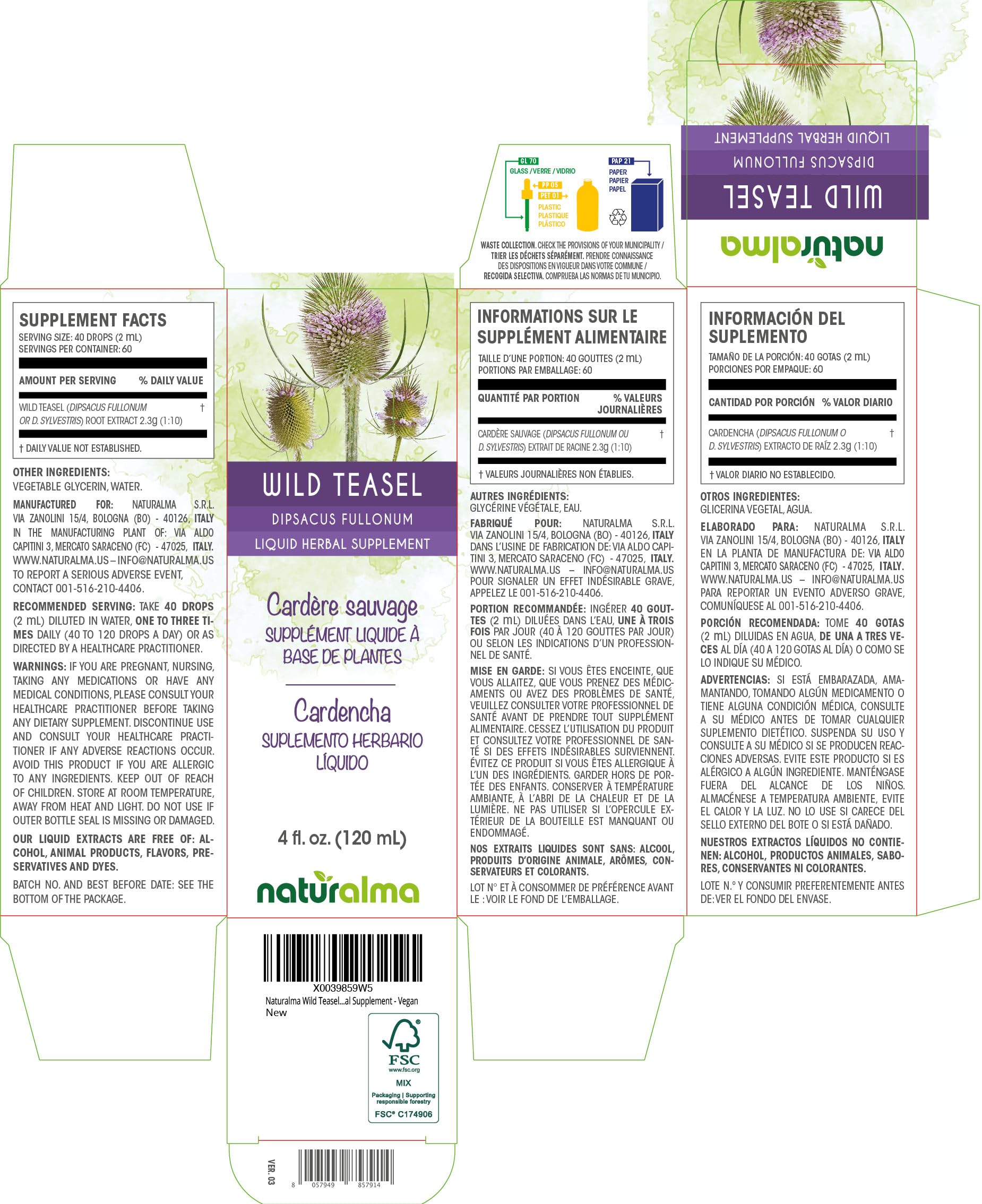 Naturalma Wild Teasel drops in a dropper for easy dosing and control.