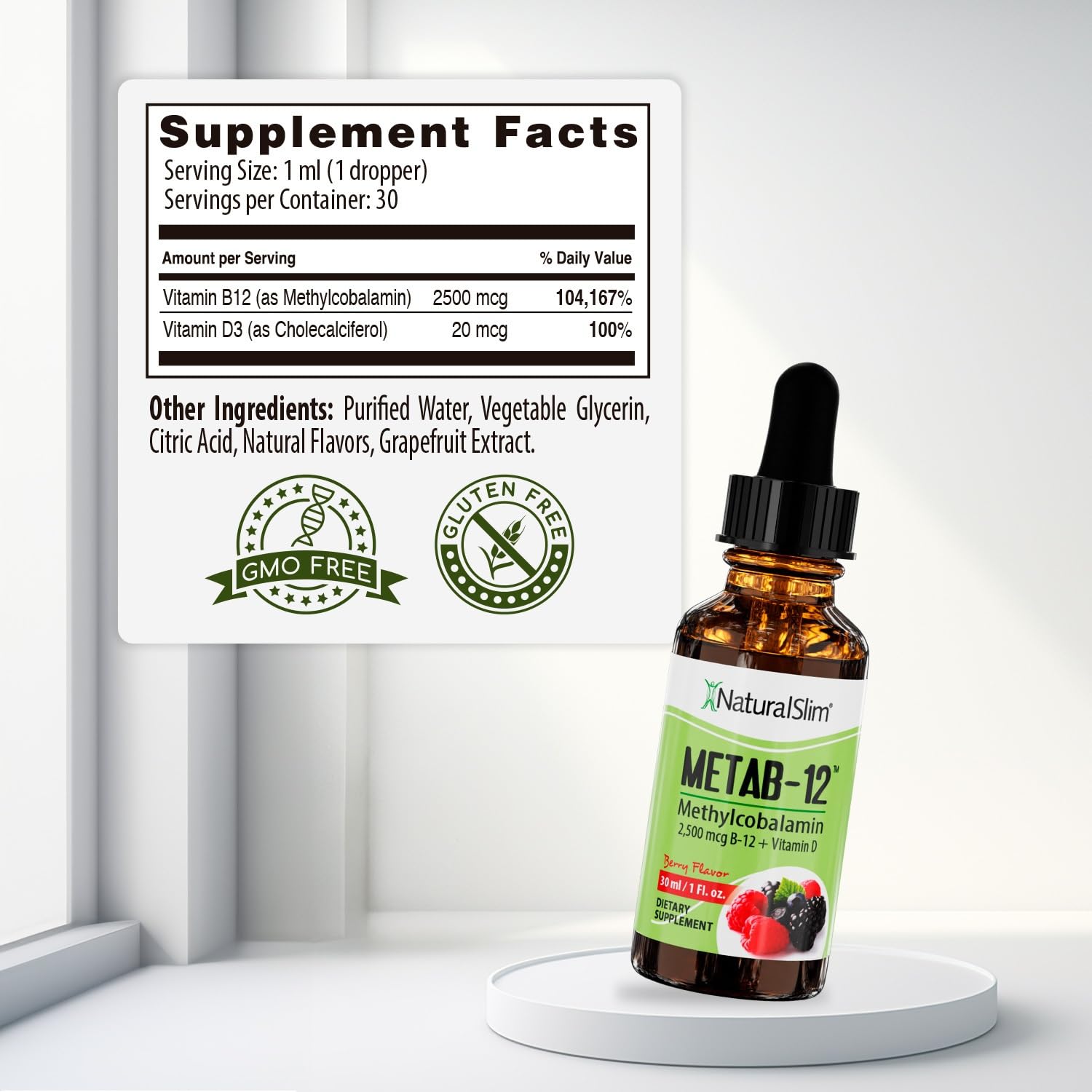 NaturalSlim dropper showing precise, easy vitamin B12 dosing.