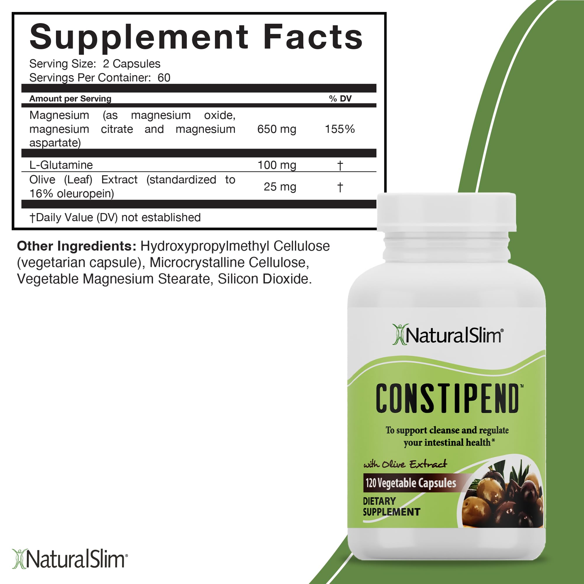 NaturalSlim Constipend capsules closeup illustrating easy, non-stimulant support