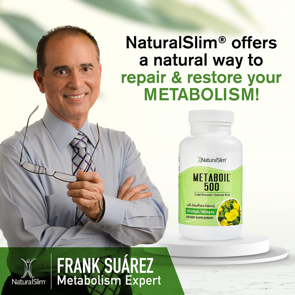 NaturalSlim Evening Primrose Oil packshot shows bottle and capsules for skin and metabolism support.