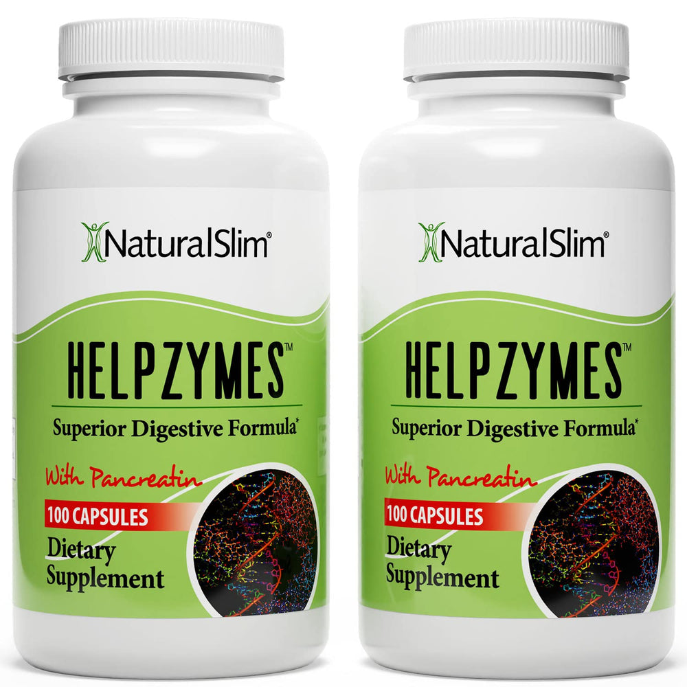 NaturalSlim Helpzyme bottle and capsules close-up, supporting easy enzyme supplementation and digestive comfort.