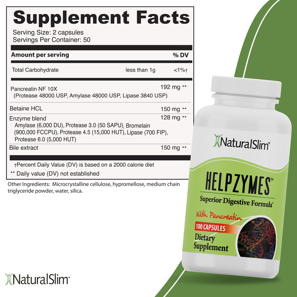 NaturalSlim Helpzyme packaging and capsules, illustrating a convenient, on-the-go enzyme supplement for adults.