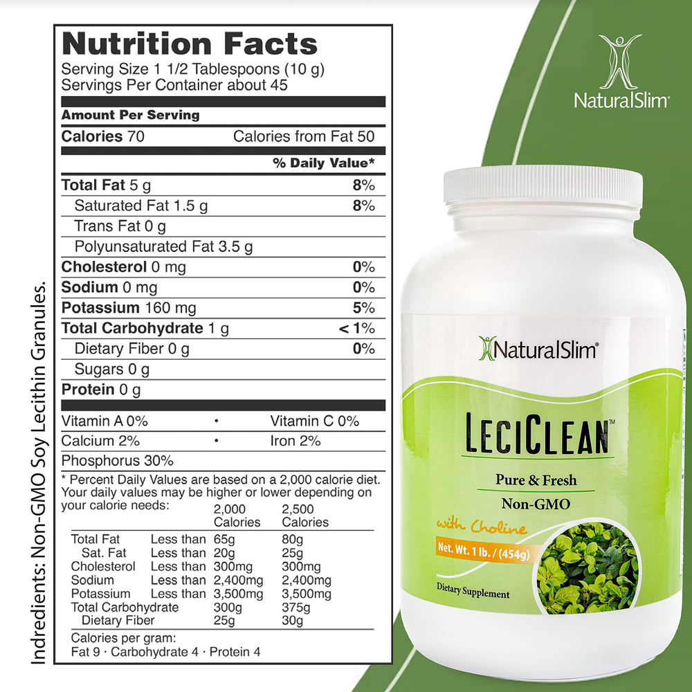NaturalSlim soy lecithin granules poured into a smoothie for easy emulsification and nutrition.