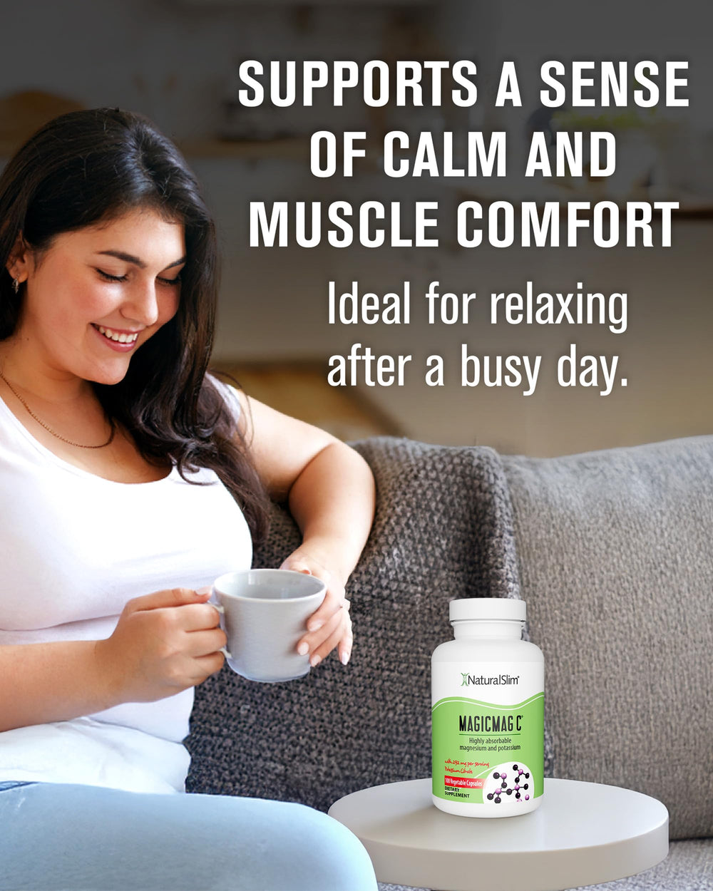 NaturalSlim MagicMag C bottle pour demonstrates easy dosing for evening calm