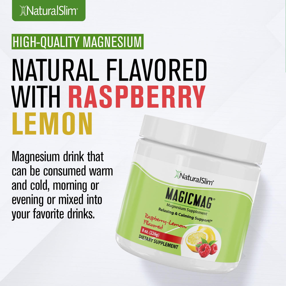 NaturalSlim MagicMag Raspberry Lemon label highlights clean ingredients and brand trust.