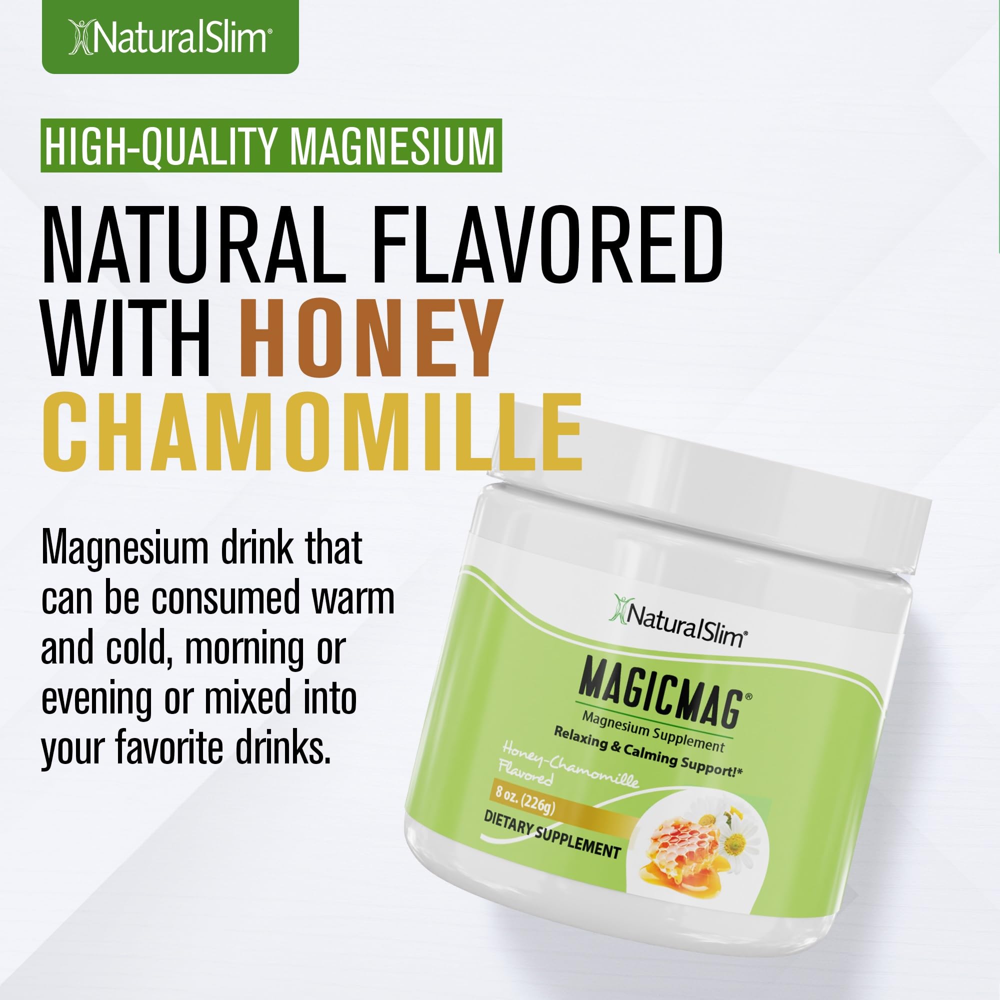 NaturalSlim MagicMag scoop-powder illustrates easy mixing for daily magnesium support