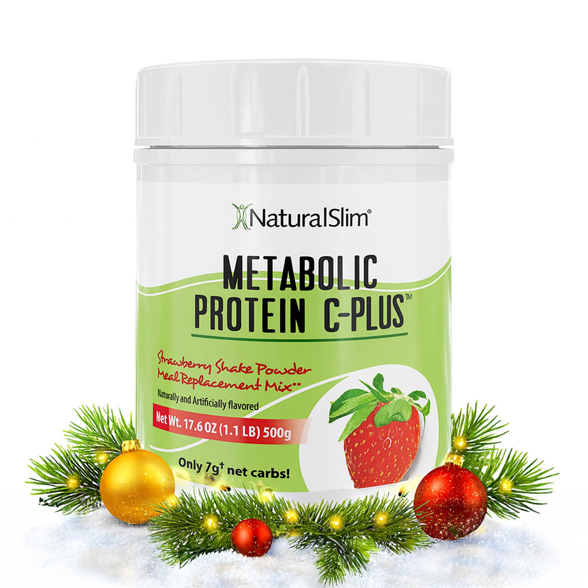 NaturalSlim Metabolic Protein C-Plus strawberry bottle, convenient low-carb protein option.