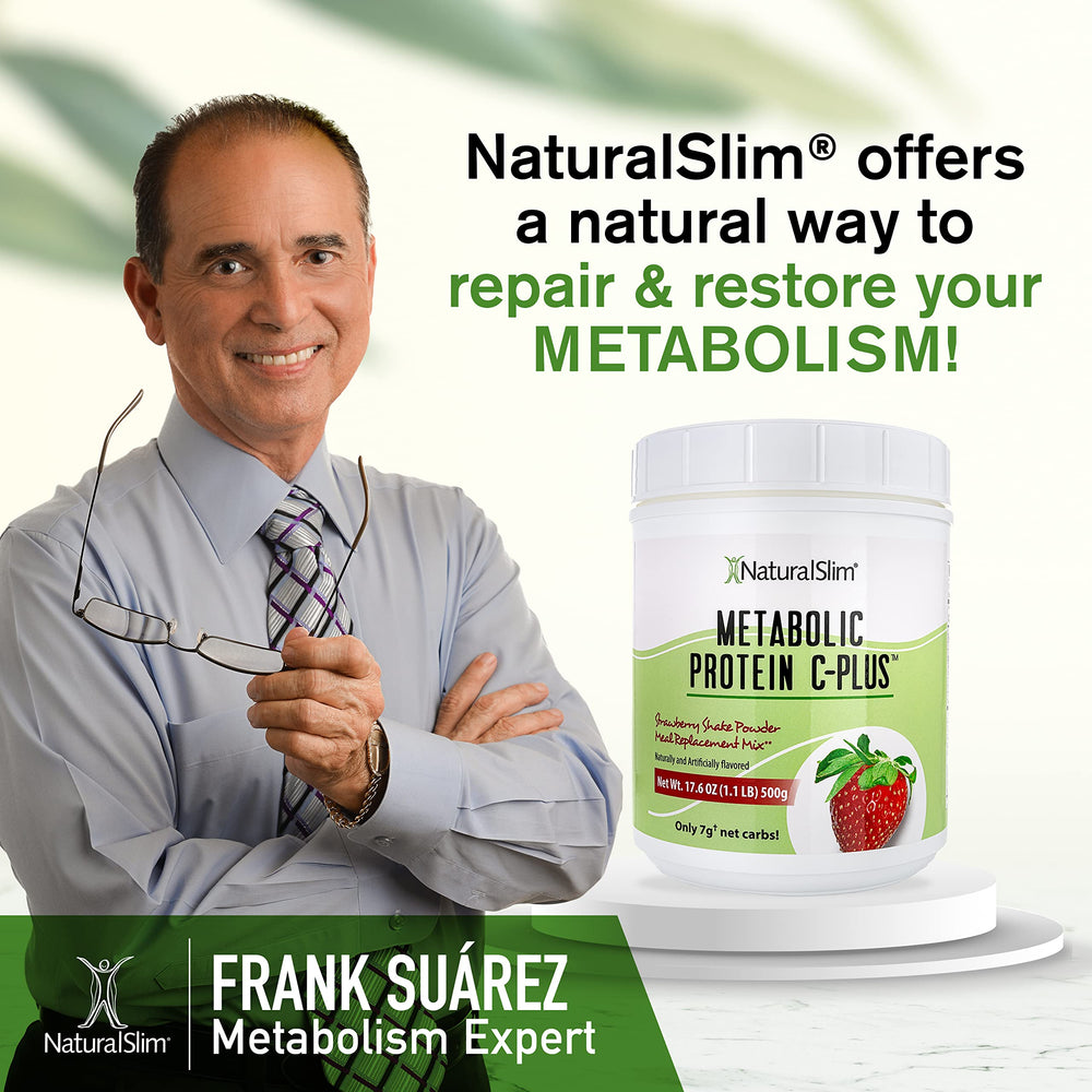 NaturalSlim Metabolic Protein C-Plus strawberry digestive enzymes container, supports digestion.