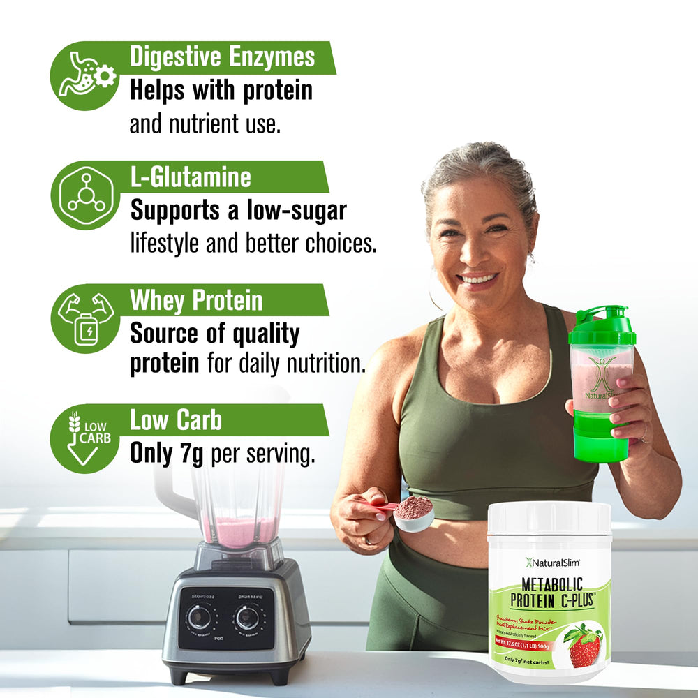 NaturalSlim Metabolic Protein C-Plus strawberry smoothie, creamy texture in seconds.