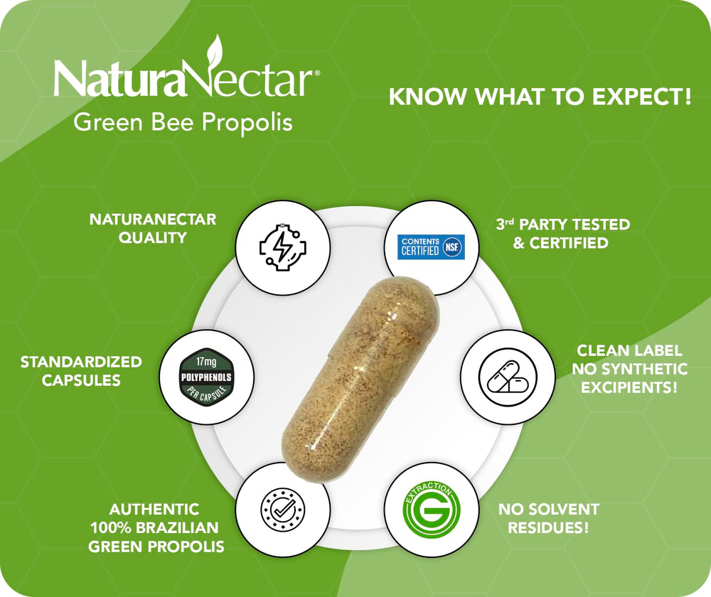 NaturaNectar Green Bee Propolis bottle label highlights NSF certification and product safety.