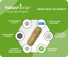NaturaNectar Green Bee Propolis bottle label highlights NSF certification and product safety.