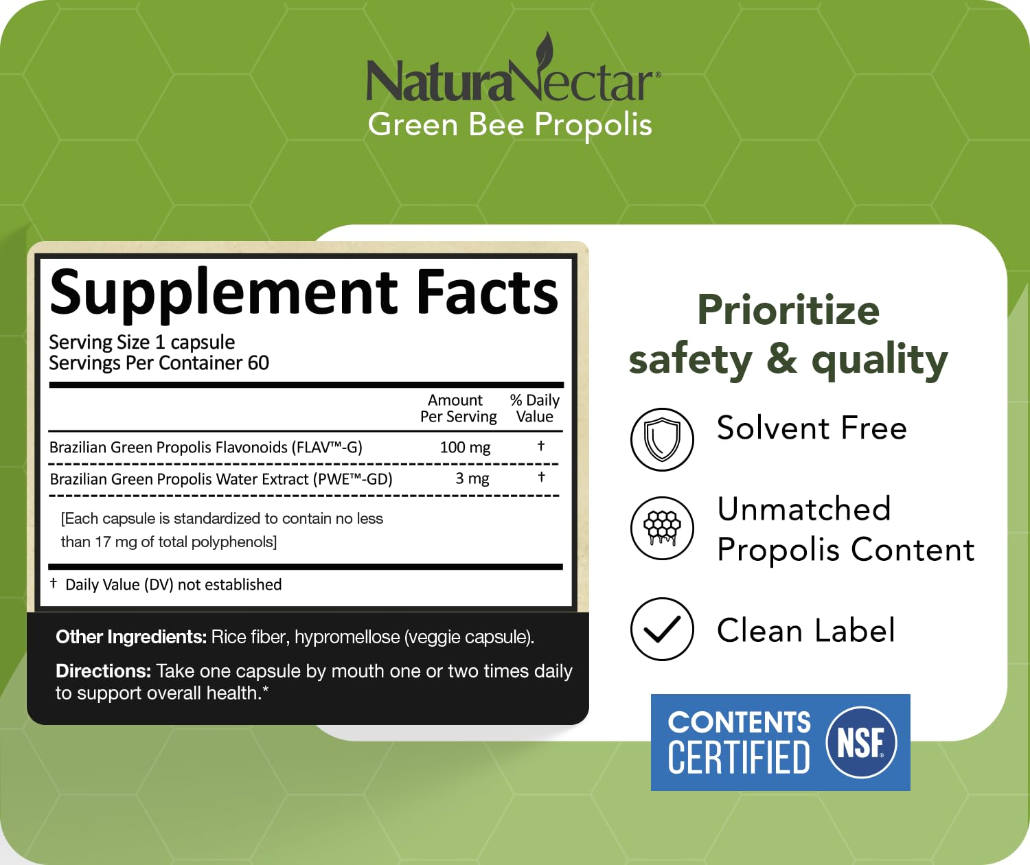 NaturaNectar Green Bee Propolis gluten-free badge on packaging supports dietary needs.