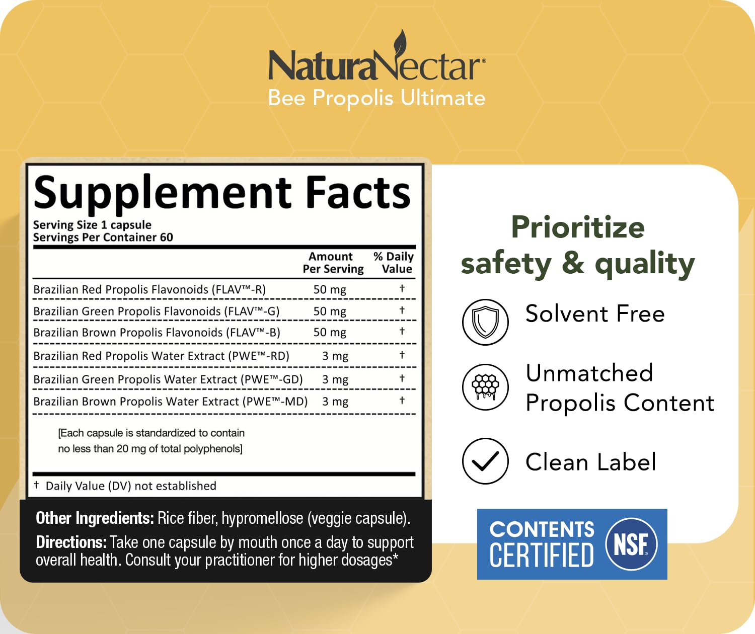 NaturaNectar propolis capsules detail close-up shows capsule texture and color