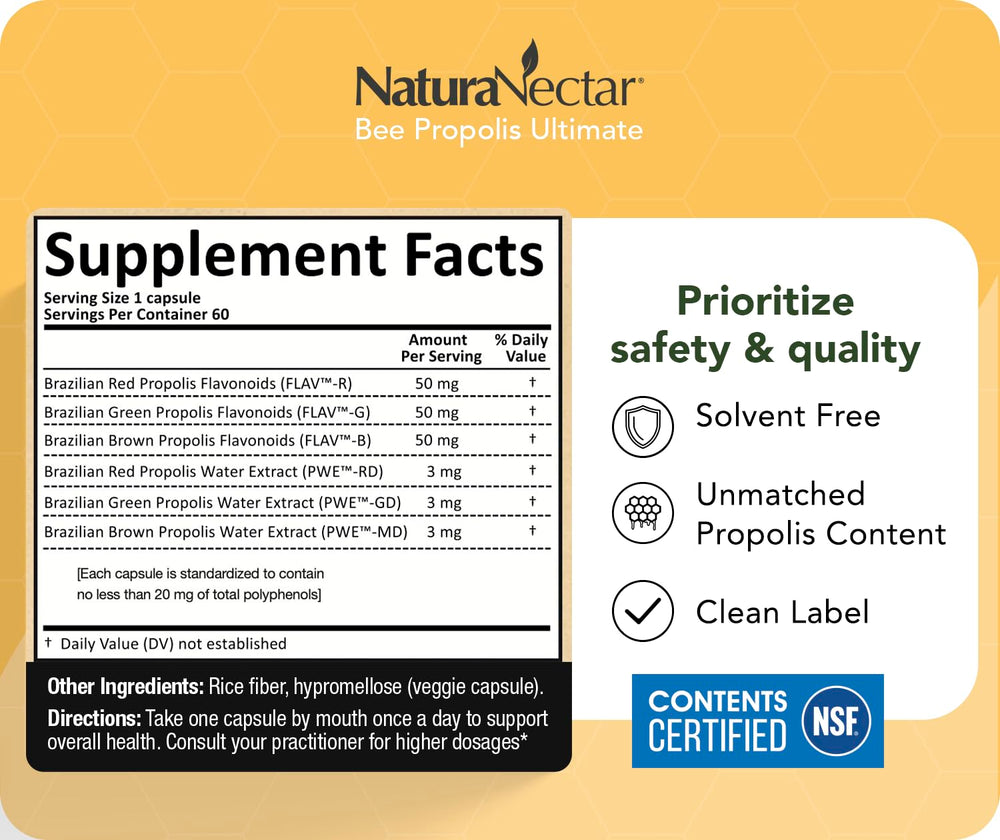 NaturaNectar propolis capsules detail close-up shows capsule texture and color