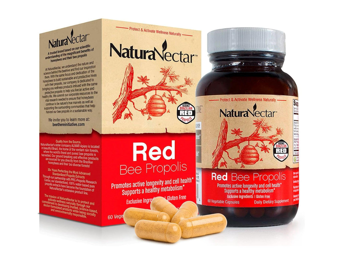 NaturaNectar Red Bee Propolis capsules bottle highlights premium daily wellness.
