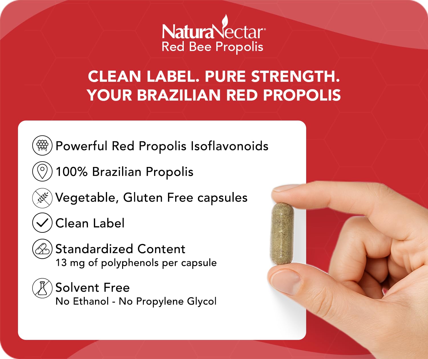 NaturaNectar Red Bee Propolis capsules label close-up shows NSF certification.