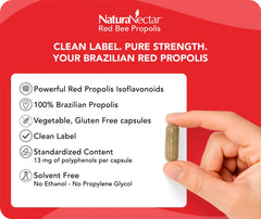 NaturaNectar Red Bee Propolis capsules label close-up shows NSF certification.