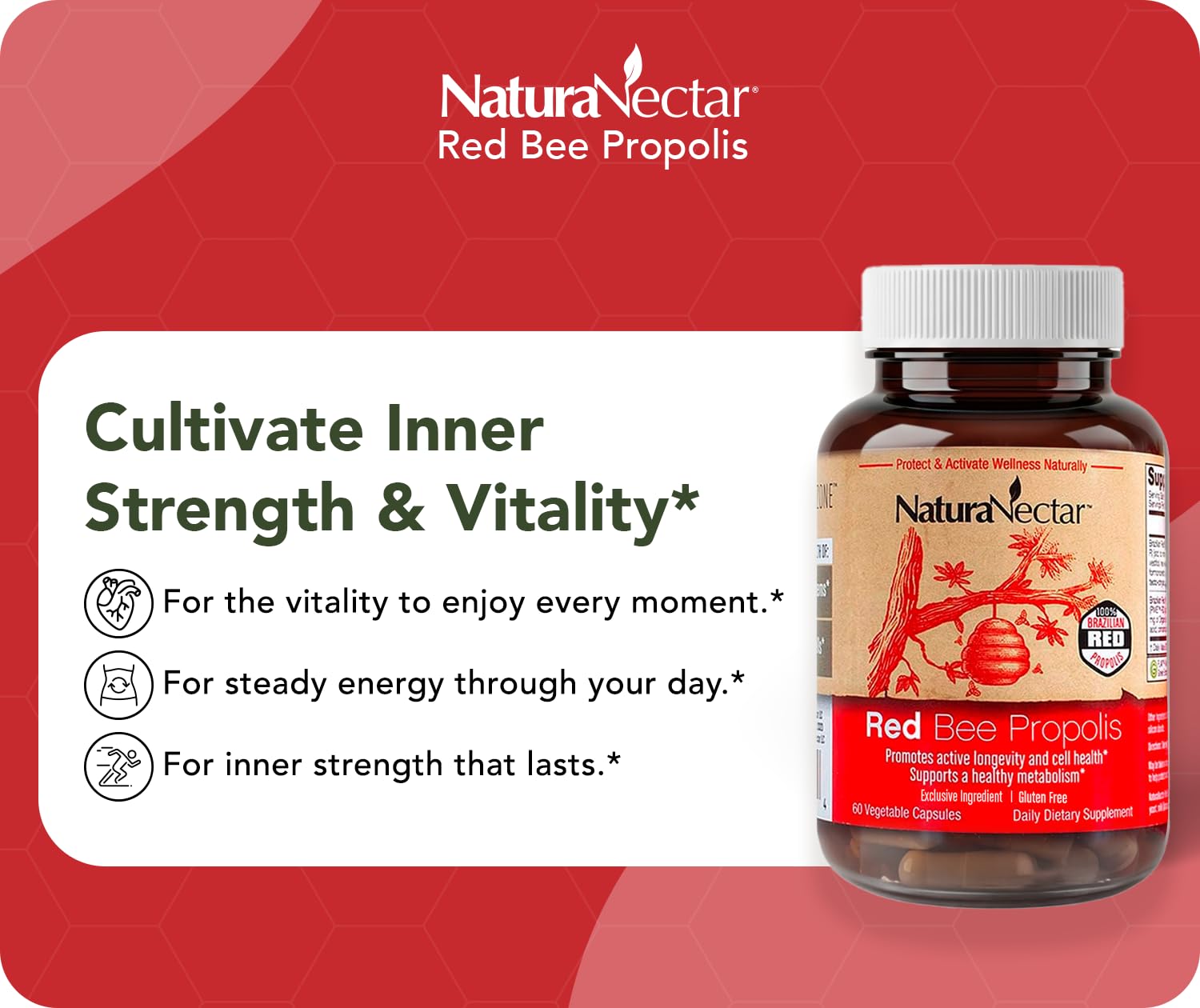 NaturaNectar Red Bee Propolis capsules NSF seal signals trusted quality.
